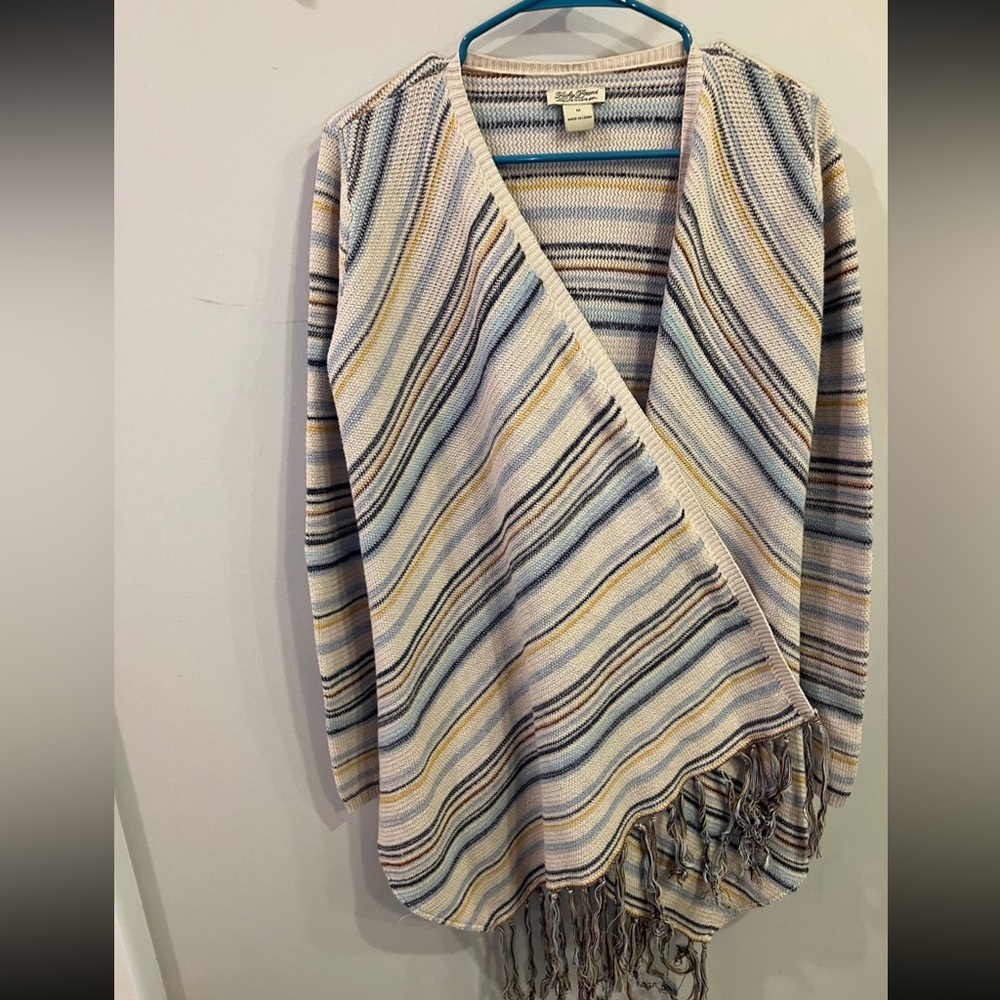 LUCKY BRAND STRIPE FRINGE BOHO SWEATER CARDIGAN- OVERSIZE-SIZE MEDIUM